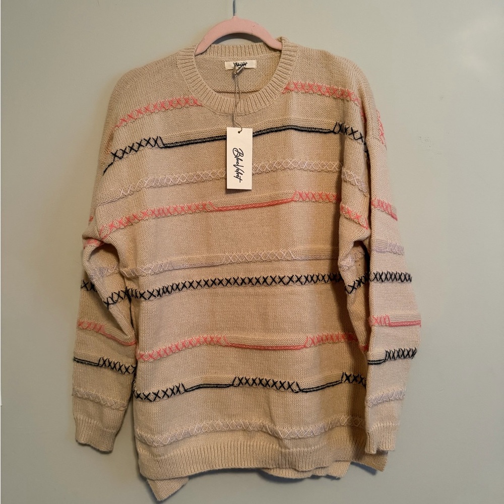 Cozy Beige black and Pink stitched striped Crewneck Sweater